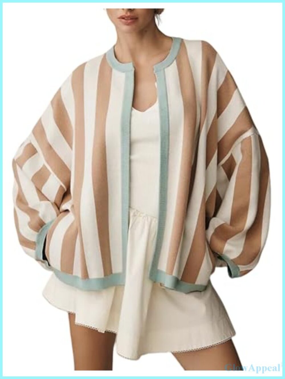 Womens Loose Fit Striped Cardigan Long Balloon Sleeves Open Front Knit Sweater